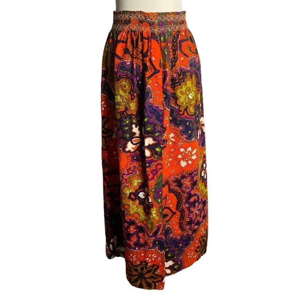 Vintage 70s Psychedelic Hawaiian Maxi Skirt M Orange Floral Barkcloth